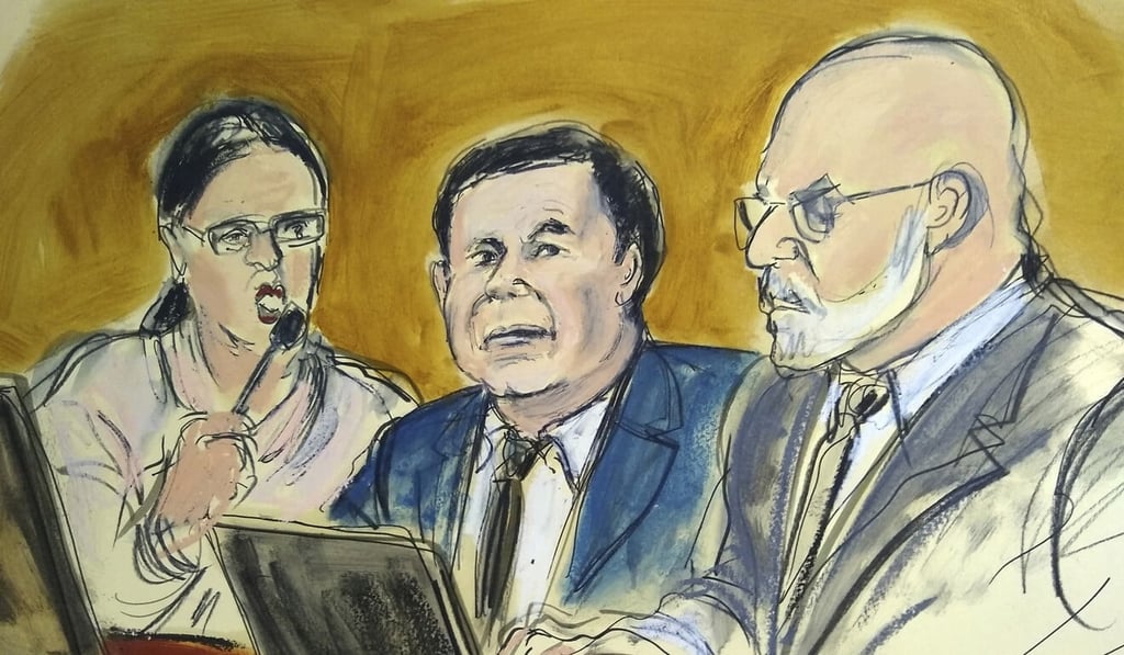 In this February 7, 2019 courtroom drawing, “El Chapo” sits at the defence table while listening to Judge Brian Cogan addressing the jury during Guzman's drug trafficking trial in New York. Photo: Elizabeth Williams via AP In this February 7, 2019 courtroom drawing, “El Chapo” sits at the defence table while listening to Judge Brian Cogan addressing the jury during Guzman's drug trafficking trial in New York. Photo: Elizabeth Williams via AP