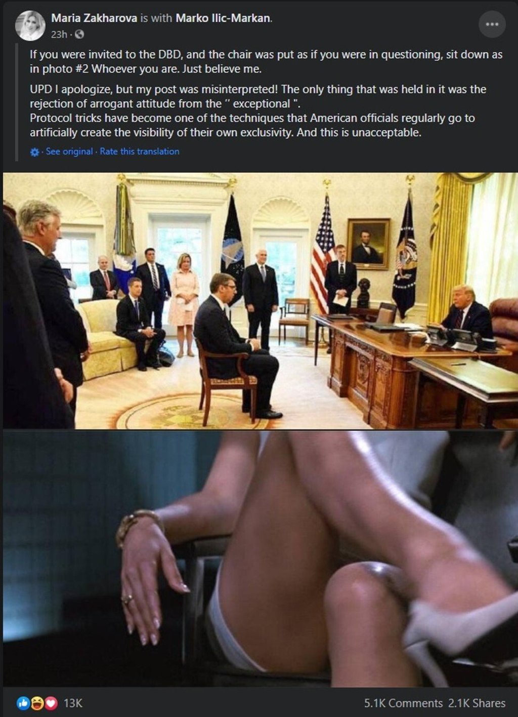A screenshot of Russian Foreign Ministry spokeswoman Maria Zakharova's Facebook post, in which she compares the Serbian president to actress Sharon Stone's character in Basic Instinct. Image: Maria Zakharova via Facebook A screenshot of Russian Foreign Ministry spokeswoman Maria Zakharova's Facebook post, in which she compares the Serbian president to actress Sharon Stone's character in Basic Instinct. Image: Maria Zakharova via Facebook
