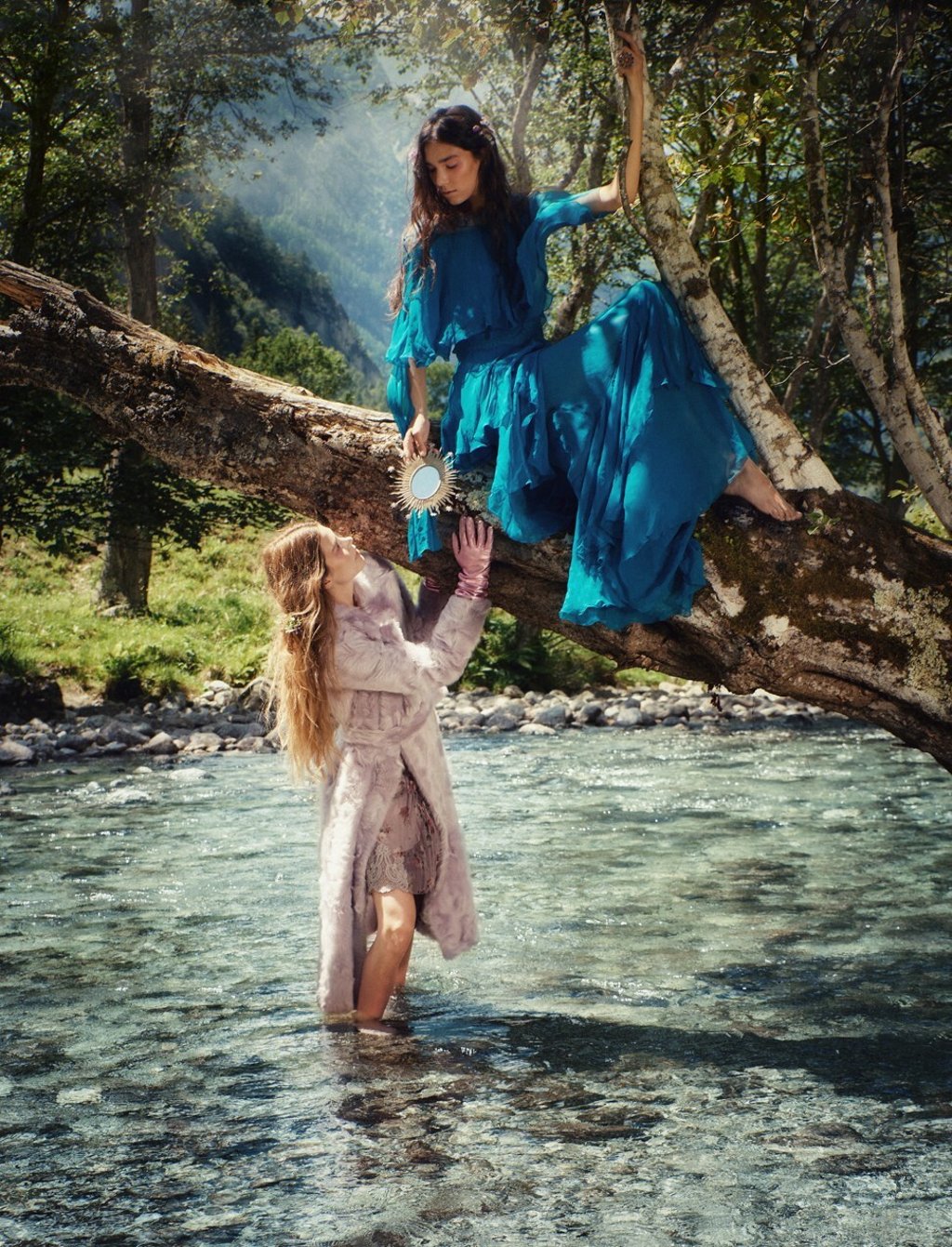 Model (left): Blumarine coat, US$6,900; dress, price upon request; Duecci gloves, price upon request. Model (right): Alberta Ferretti dress, US$3,000; Versace ring, US$410. Model (left): Blumarine coat, US$6,900; dress, price upon request; Duecci gloves, price upon request. Model (right): Alberta Ferretti dress, US$3,000; Versace ring, US$410.