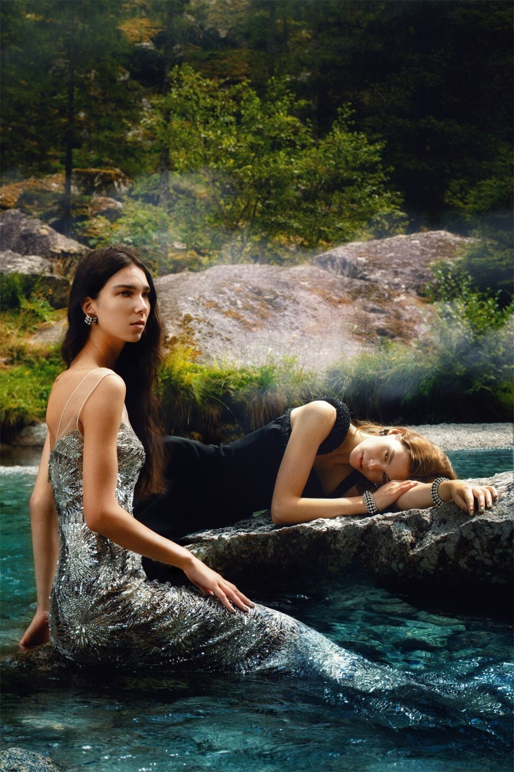 Model (left): Louis Vuitton dress, US$12,900. Model (right): Versace dress, US$8,000; Blumarine bracelet, US$180; earrings, US$150. Model (left): Louis Vuitton dress, US$12,900. Model (right): Versace dress, US$8,000; Blumarine bracelet, US$180; earrings, US$150.