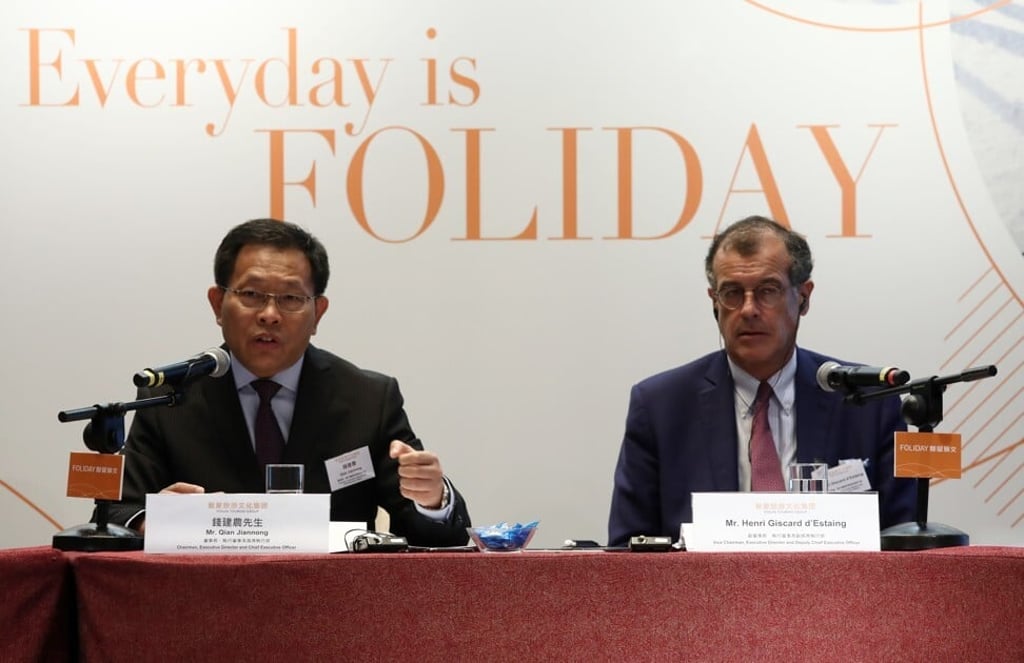 Chairman Qian Jiannong (left) and vice-chairman Henri Giscard d'Estaing seen during its earnings announcement in August 2019. Photo: Jonathan Wong