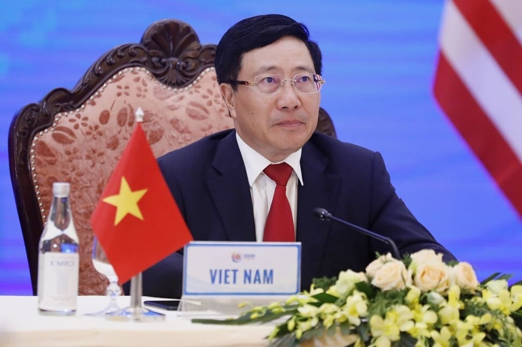 Vietnam’s Foreign Minister Pham Binh Minh addresses a virtual Asean Foreign Ministers’ meeting on September 10, 2020. Photo: EPA-EFE