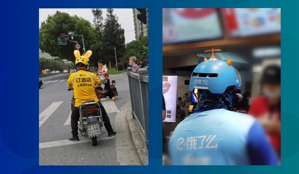 Chinese netizens share photos of Meituan Dianping (left) and Ele.me (right) drivers at work in July 2020. Photo: Weibo Chinese netizens share photos of Meituan Dianping (left) and Ele.me (right) drivers at work in July 2020. Photo: Weibo