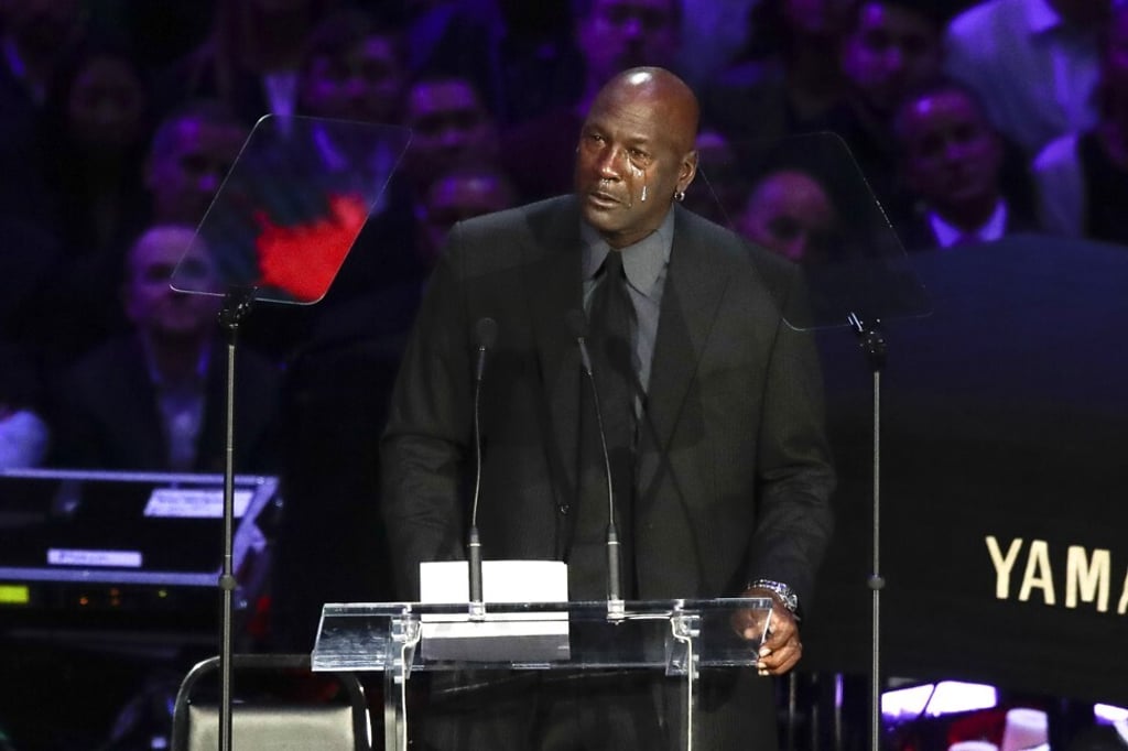 Michael Jordan cries while speaking during a celebration of life for Kobe Bryant and his daughter Gianna in February. Photo: AP Photo Michael Jordan cries while speaking during a celebration of life for Kobe Bryant and his daughter Gianna in February. Photo: AP Photo
