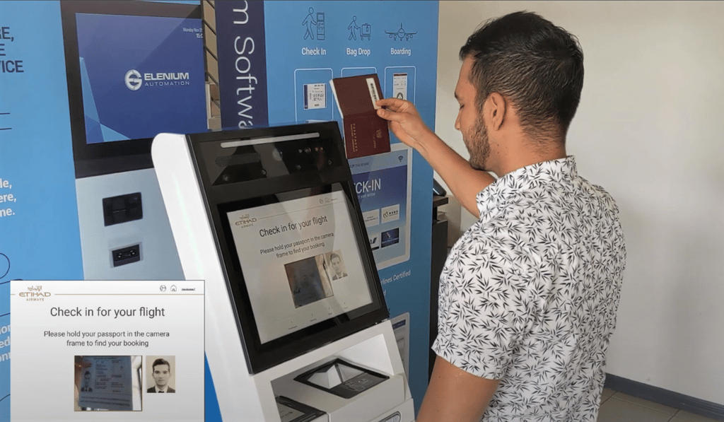 Elenium Automation’s smart airport self-service kiosk can be operated by passengers with their voice or head movements, so they do not need to touch it. Photo: Elenium Automation