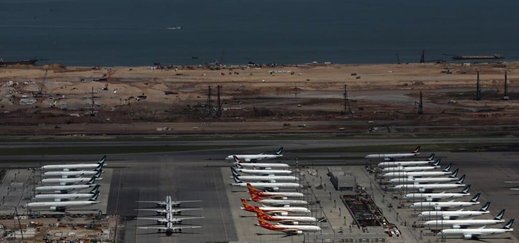 Cathay Pacific and Hong Kong Airlines aircraft are grounded at the Hong Kong International Airport. Photo: May Tse Cathay Pacific and Hong Kong Airlines aircraft are grounded at the Hong Kong International Airport. Photo: May Tse