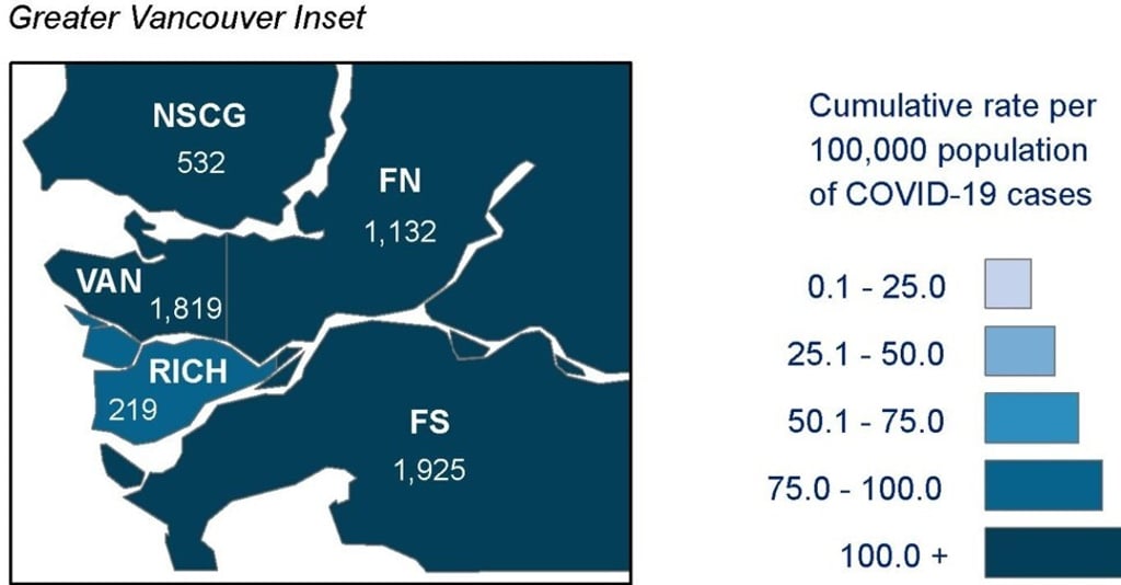 The rate of Covid-19 infections per 100,000 population in Richmond, British Columbia, was about 97, as of Thursday. This map shows 219 total infections in Richmond. Communities surrounding Richmond have been affected much worse by the pandemic. Graphic: BC CDC
