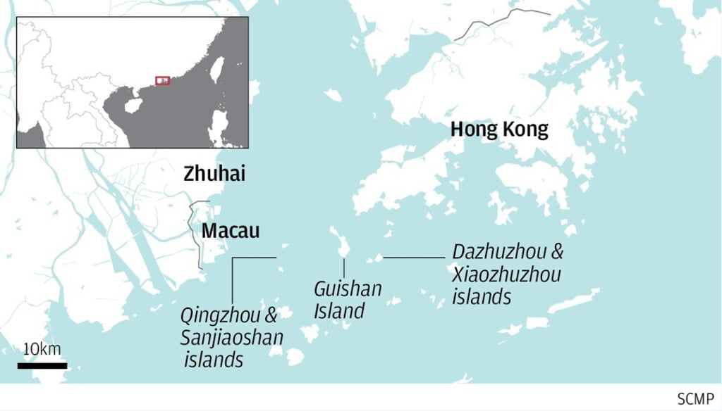 A map showing the location of Guishan Island relative to Hong Kong, Macau and Zhuhai