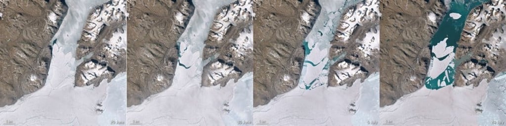 The breaking of a segment of the largest ice shelf in the Arctic, between June 29 and July 24 this year. Photo: Reuters