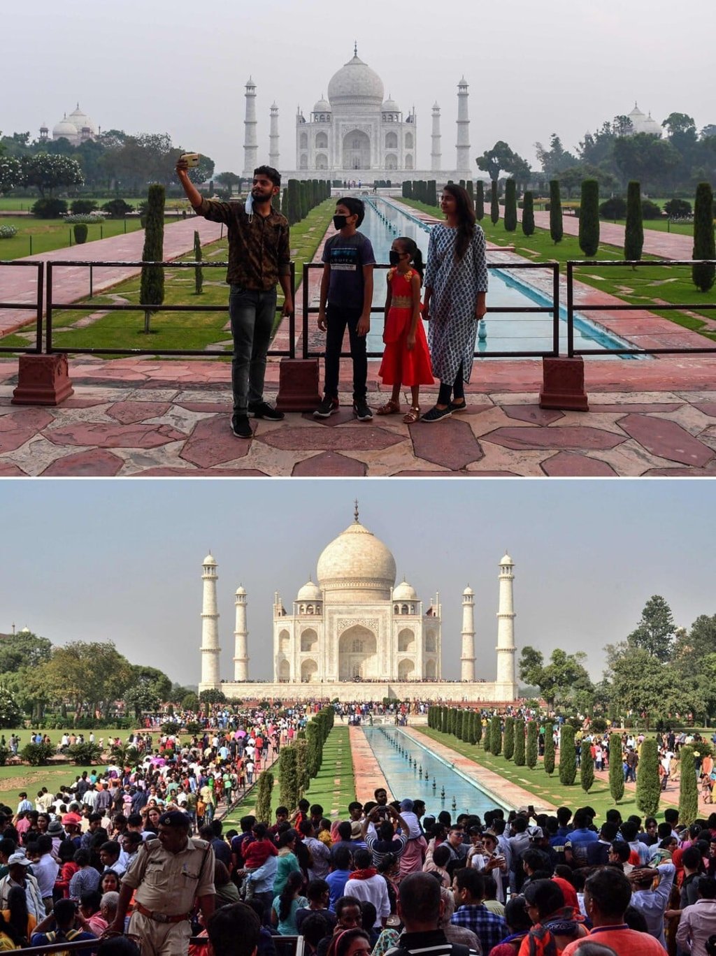 The Taj Mahal reopened to the public on Monday (top) after being closed for six months because of the pandemic. It’s a big change from the massive crowds that normally visit it (above). Photo: AFP