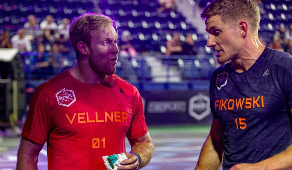 Patrick Vellner enjoying some birthday cake with fellow Canadian Brent Fikowski after the final event on day three in Dubai in 2019. Photo: Dubai CrossFit Championship/Adnan Karimjee Patrick Vellner enjoying some birthday cake with fellow Canadian Brent Fikowski after the final event on day three in Dubai in 2019. Photo: Dubai CrossFit Championship/Adnan Karimjee