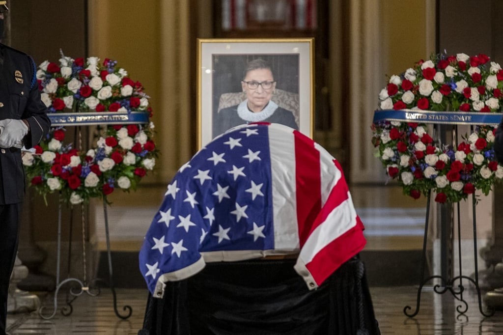 The casket of the late US Supreme Court Justice Ruth Bader Ginsburg lies in state at the US Capitol in Washington on Friday. Photo: Xinhua The casket of the late US Supreme Court Justice Ruth Bader Ginsburg lies in state at the US Capitol in Washington on Friday. Photo: Xinhua