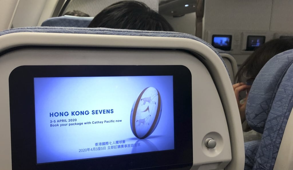 A Cathay Pacific advert for the postponed 2020 Hong Kong Sevens on a flight in March. The event was later cancelled. Photo: Kate Whitehead