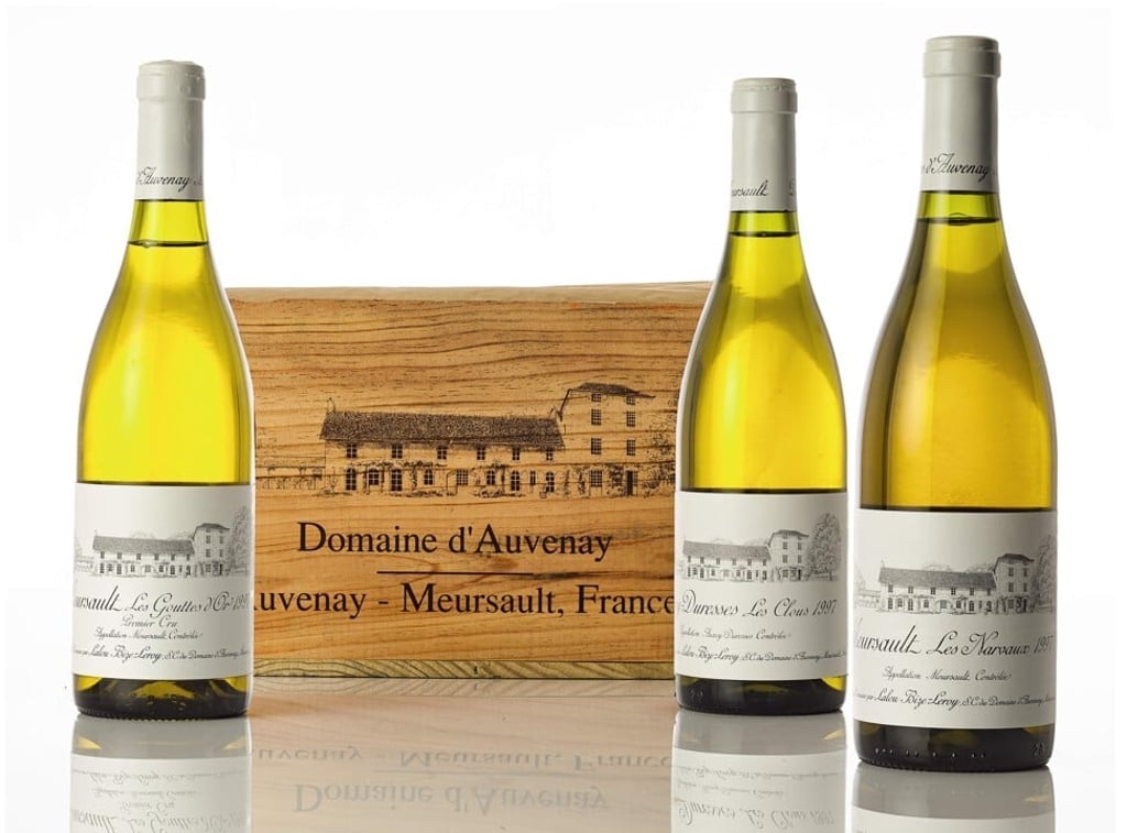 Meursault, Les Narvaux 1997 Domaine d‘Auvenay, 12 bottles in original wooden case, from Sotheby’s sale on October 3, The Five-Star Cellar, Iconic Wines of Impeccable Provenance. Photo: Sotheby’s