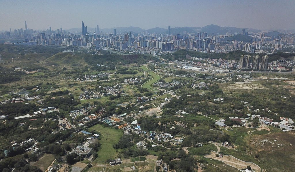 Aerial view of farmland at Ping Yeung Mural Village in Ping Che, New Territories with Shenzhen’s Lo Wu district in the background. Photo: Roy Issa