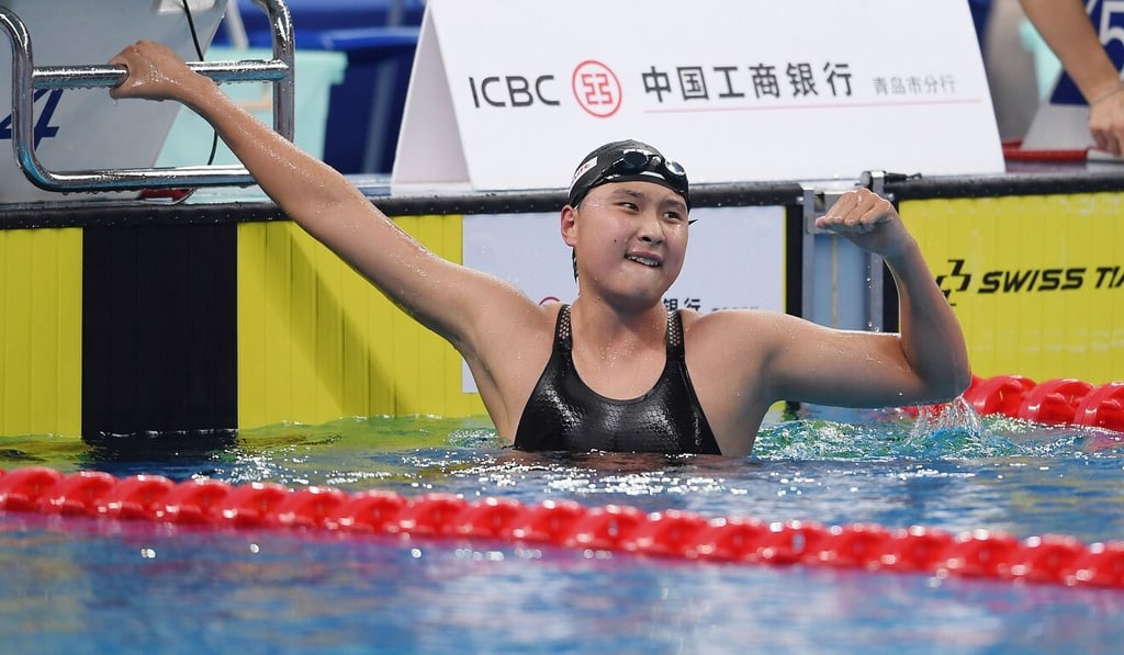 Wang Jianjiahe, of Liaoning province, celebrates after the women’s 1,500m freestyle heat. Photo: Xinhua