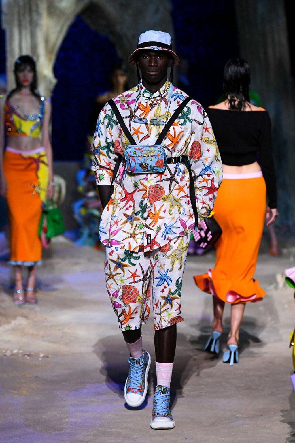 A model presents a laid back shorts and shirt combo from Versace’s spring/summer 2021 collection in Milan. Photo: Versace/Reuters A model presents a laid back shorts and shirt combo from Versace’s spring/summer 2021 collection in Milan. Photo: Versace/Reuters