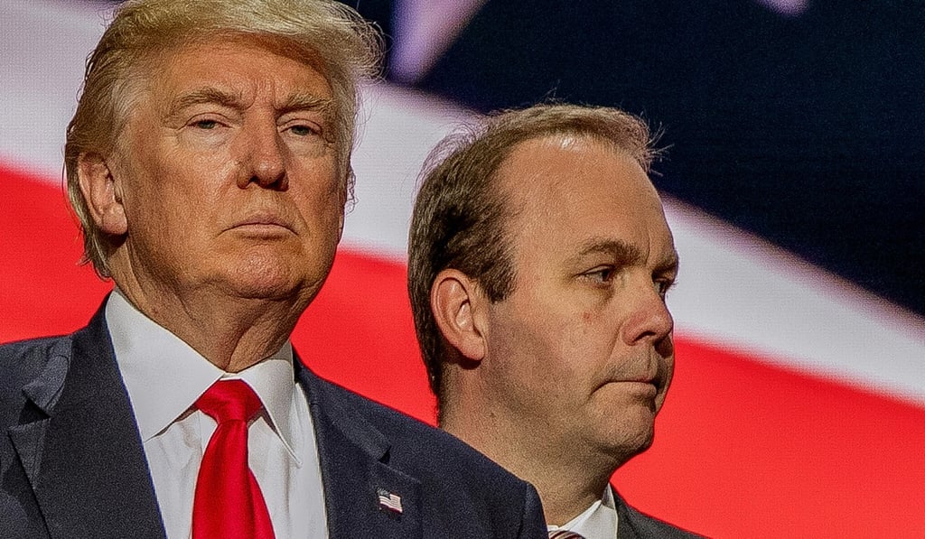 Donald Trump (left) and Rick Gates on stage ahead of the Republican National Convention in Cleveland, Ohio, in July 2016. Photo: TNS Donald Trump (left) and Rick Gates on stage ahead of the Republican National Convention in Cleveland, Ohio, in July 2016. Photo: TNS