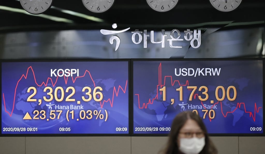 An employee of a bank walks near the screens showing the Korea Composite Stock Price Index (left) and the foreign exchange rate between US dollar and South Korean won at the foreign exchange dealing room in Seoul on September 28. Photo: AP