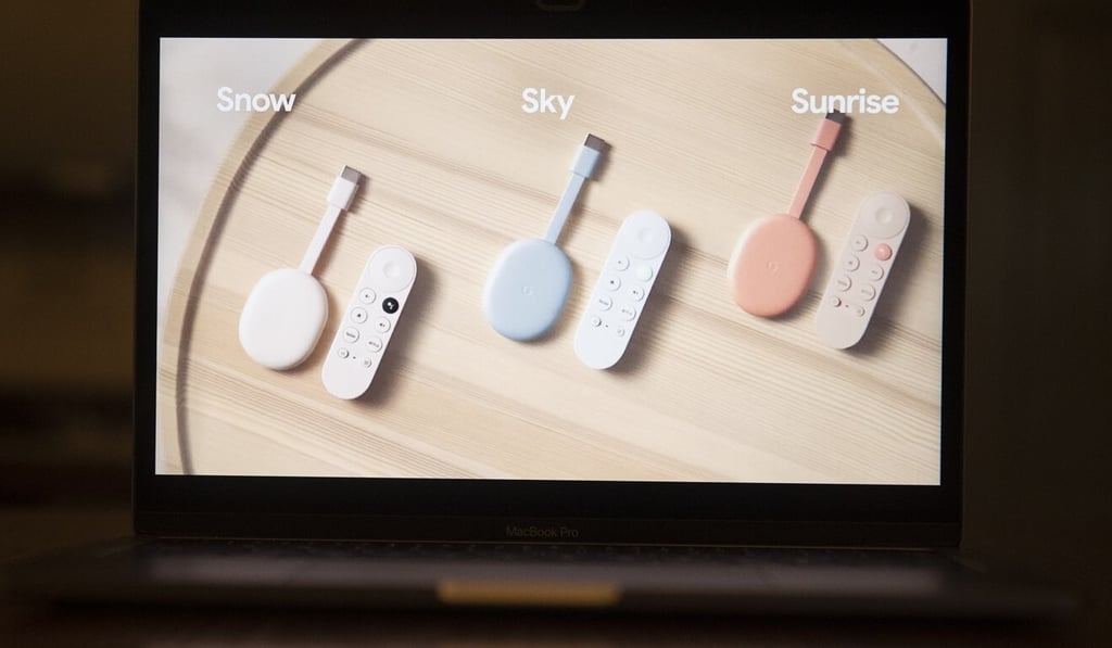 Three colours of Chromecast streaming TV devices are displayed during the Google Launch Night In virtual event. Photo: Bloomberg