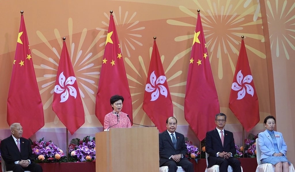 Chief Executive Carrie Lam addresses a reception celebrating the 71st anniversary of the founding of the People’s Republic of China, at the Hong Kong Convention and Exhibition Centre in Wan Chai on October 1. Photo: Xinhua