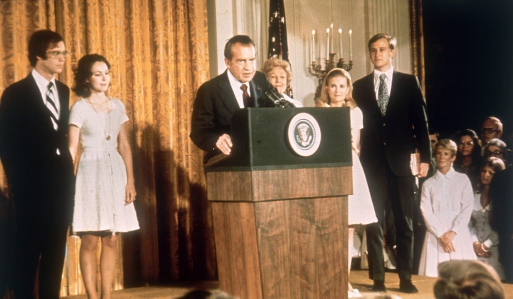 Richard Nixon (centre) at the White House with his family after his resignation as president on August 9, 1974. Photo: Keystone/Hulton Archive via Getty Images