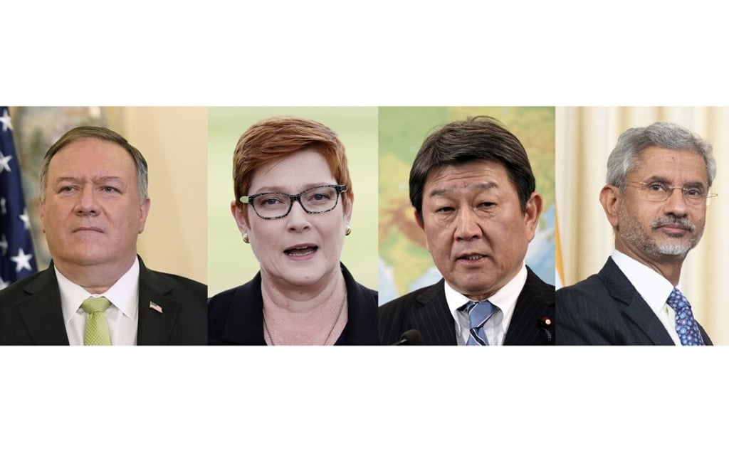 US Secretary of State Mike Pompeo, Australian Foreign Minister Marise Payne, Japan’s Foreign Minister Toshimitsu Motegi, and India’s Foreign Minister Subrahmanyam Jaishankar. Photos: AP