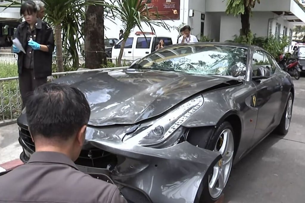 The Ferrari car belonging to Red Bull heir Vorayuth Yoovidhya seen after the hit-and-run case in 2012. Photo: AFP The Ferrari car belonging to Red Bull heir Vorayuth Yoovidhya seen after the hit-and-run case in 2012. Photo: AFP