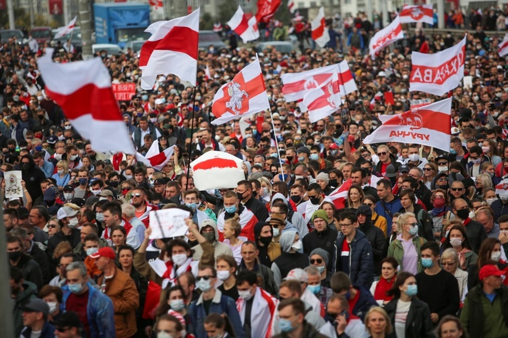 People in Minsk march to reject the presidential election results on October 4, 2020. Photo: Reuters