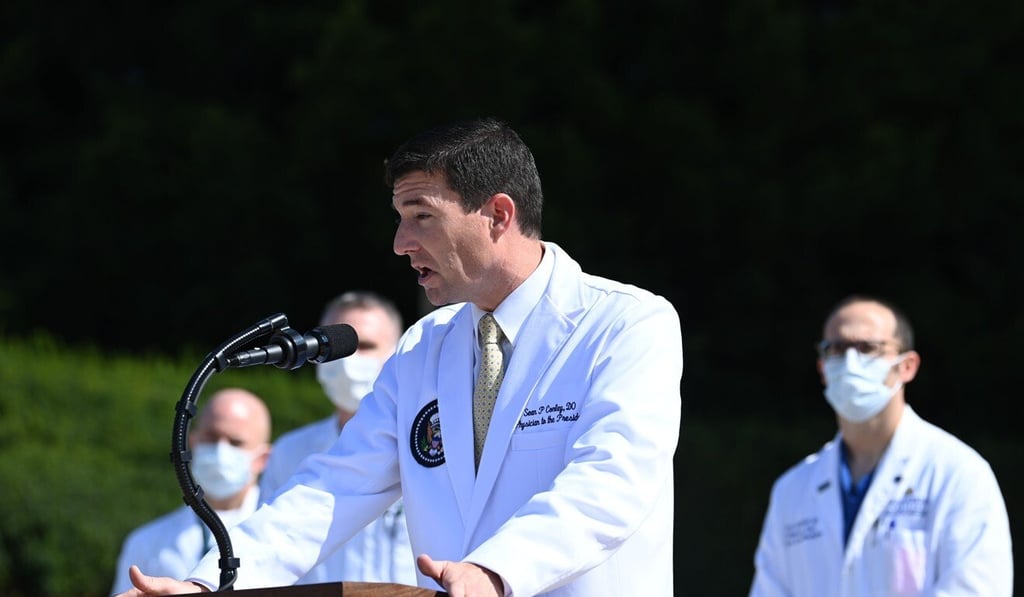 White House physician Sean Conley answers questions during an update on the condition of US President Donald Trump, on Sunday, at Walter Reed Medical Center in Bethesda, Maryland. Photo: AFP White House physician Sean Conley answers questions during an update on the condition of US President Donald Trump, on Sunday, at Walter Reed Medical Center in Bethesda, Maryland. Photo: AFP