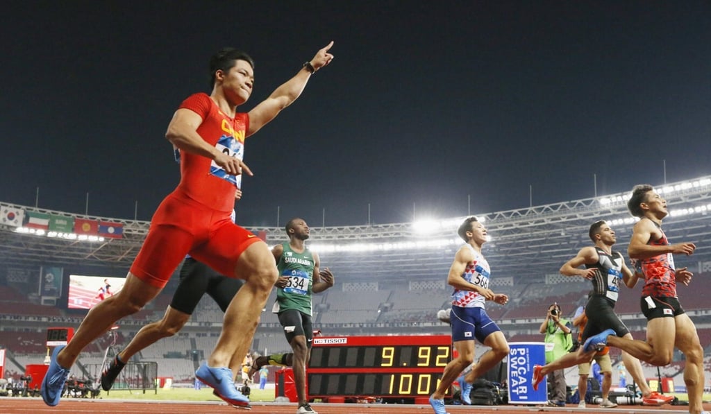 Su Bingtian wins the men’s 100m final in a meet record of 9.92 seconds at the 2018 Asian Games in Jakarta. Photo: Kyodo Su Bingtian wins the men’s 100m final in a meet record of 9.92 seconds at the 2018 Asian Games in Jakarta. Photo: Kyodo