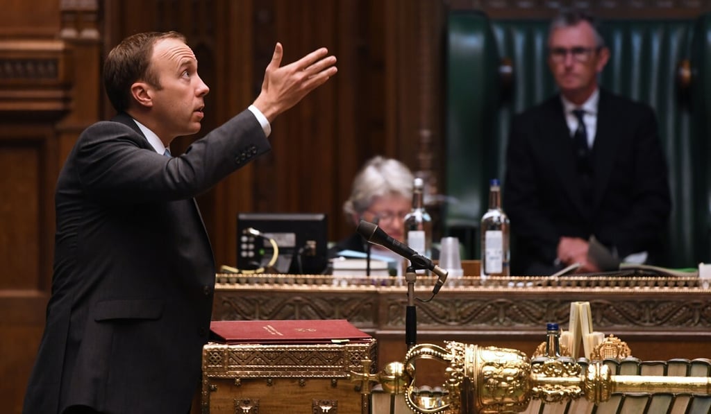 Britain's Health Secretary Matt Hancock speaks in the House of Commons in London on Monday. Photo: British Parliament handout via AFP