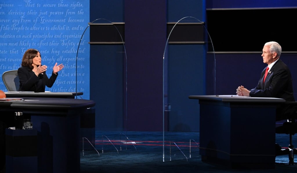 The Democratic vice-presidential nominee, US Senator Kamala Harris, and Vice-President Mike Pence during their debate in Salt Lake City, Utah, on Wednesday. Photo: AFP The Democratic vice-presidential nominee, US Senator Kamala Harris, and Vice-President Mike Pence during their debate in Salt Lake City, Utah, on Wednesday. Photo: AFP