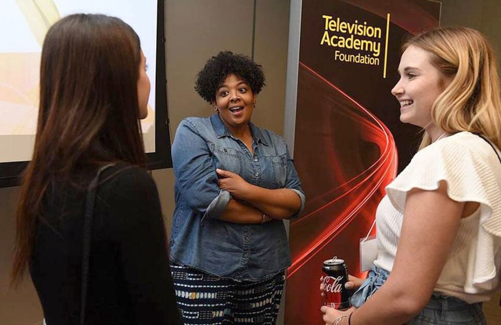 Layne Eskridge (centre), a former creative executive at Apple TV, takes part in the Television Academy Foundation’s Intern Speaker Series events in Los Angeles. Photo: AP Layne Eskridge (centre), a former creative executive at Apple TV, takes part in the Television Academy Foundation’s Intern Speaker Series events in Los Angeles. Photo: AP