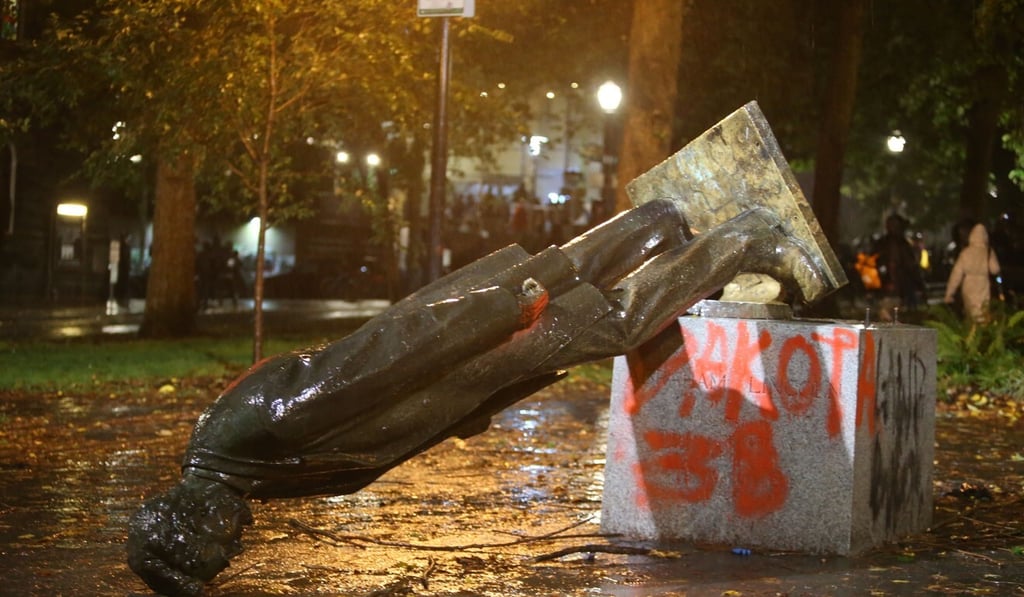 A toppled statue in Portland's South Park Block. Photo: AP