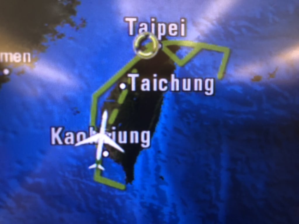 An in-flight map shows a flight entering its descent after being in the air around Taiwan, on October 9, 2020. Photo: Ralph Jennings