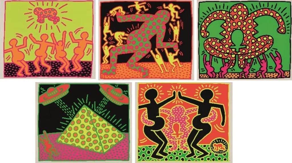The Fertility Suite (1983) by Keith Haring, the complete set of five screen-prints in colour. Photo: Philips The Fertility Suite (1983) by Keith Haring, the complete set of five screen-prints in colour. Photo: Philips