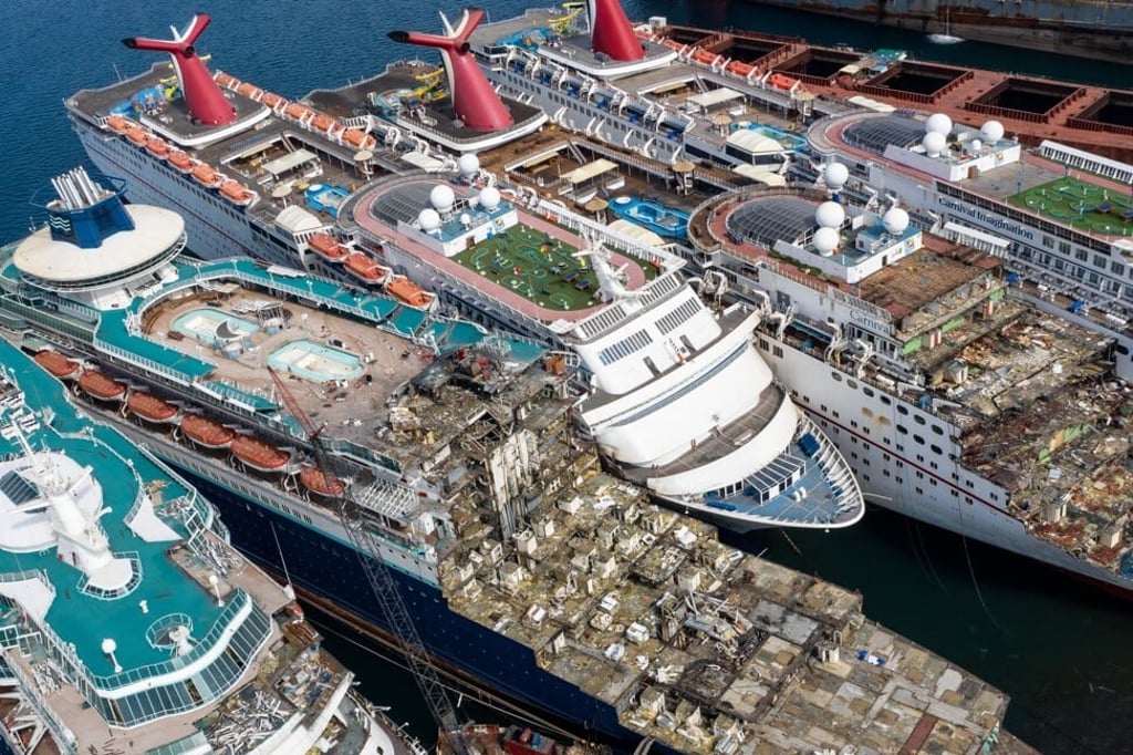 Five luxury cruise ships wait to be broken down for scrap metal at the Aliaga ship recycling port in Izmir, Turkey. Photo: Getty Images