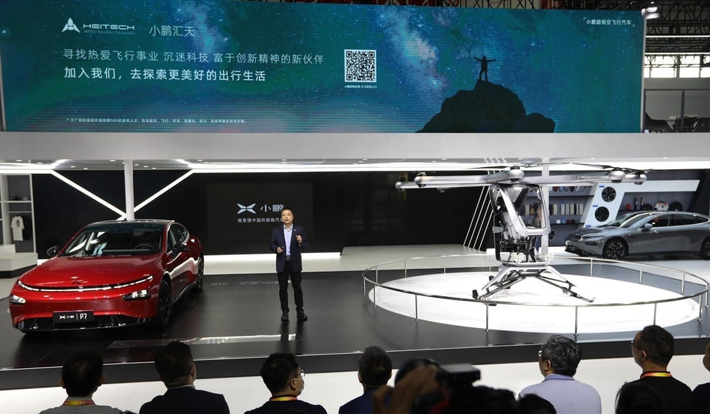 Xpeng successfully raised US$1.7 billion from its New York IPO in August. (Above) XPeng CEO He Xiaopeng unveils its Kiwigogo flying car at the Auto China exhibition last month. Photo: Simon Song Xpeng successfully raised US$1.7 billion from its New York IPO in August. (Above) XPeng CEO He Xiaopeng unveils its Kiwigogo flying car at the Auto China exhibition last month. Photo: Simon Song