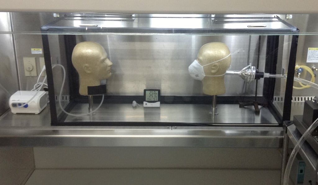 A picture of the experiment done at the University of Tokyo’s Institute of Medical Science to test the effectiveness of face masks in preventing airborne coronavirus transmission. Photo: Handout via Reuters A picture of the experiment done at the University of Tokyo’s Institute of Medical Science to test the effectiveness of face masks in preventing airborne coronavirus transmission. Photo: Handout via Reuters