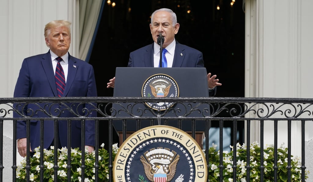 Israeli Prime Minister Benjamin Netanyahu speaks as President Donald Trump looks on after the signing in September of an accord under which the countries of Bahrain and the United Arab Emirates recognised Israel. Photo: AP
