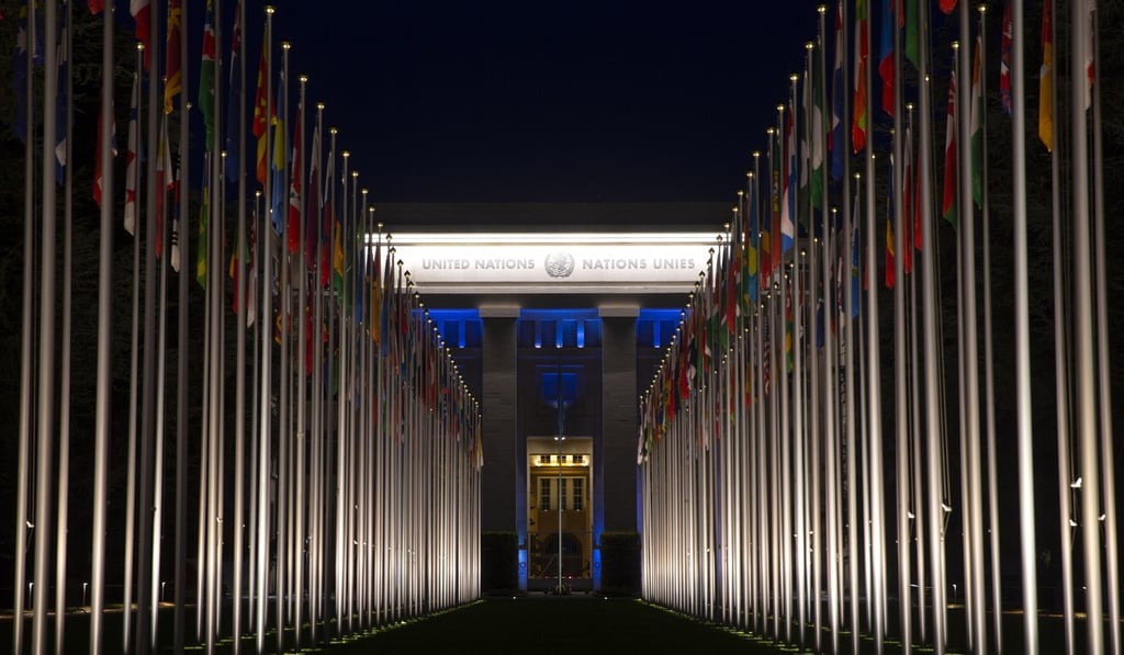 Parts of the European headquarters of the United Nations in Geneva, Switzerland, are illuminated in blue to mark the 75th anniversary of the UN on Saturday. Photo: EPA-EFE