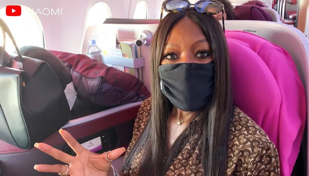 Supermodel Naomi Campbell wears a face mask on a flight. A video she posted of health precautions she took when flying went viral –and that was before Covid-19. Photo: YouTube