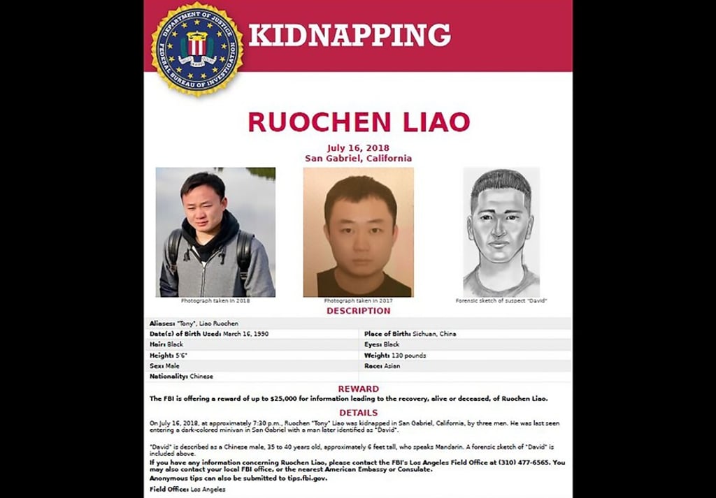 A poster about Ruochen Liao’s disappearance in July 2018. Photo: FBI via AFP A poster about Ruochen Liao’s disappearance in July 2018. Photo: FBI via AFP