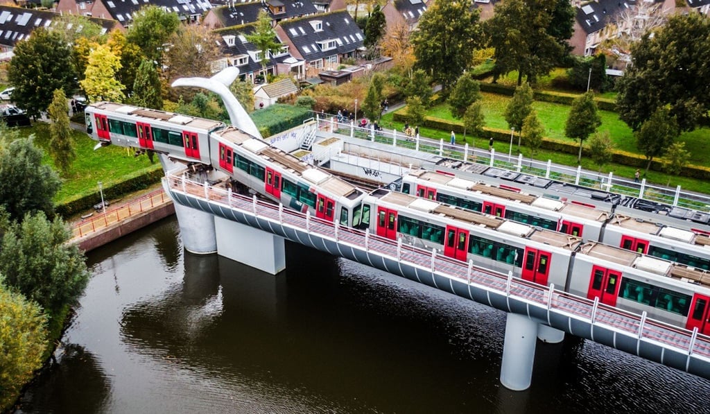 An aerial photo shows the Dutch metro train which went through a stop block at De Akkers metro station. Photo: AFP An aerial photo shows the Dutch metro train which went through a stop block at De Akkers metro station. Photo: AFP