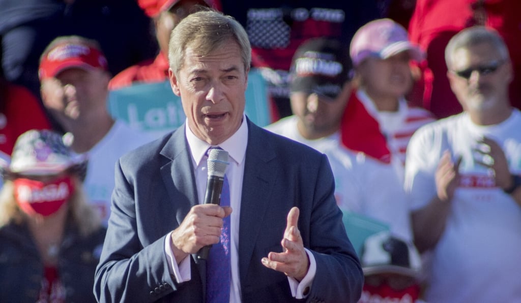 British politician Nigel Farage speaks at a rally for US President Donald Trump in Phoenix, Arizona, on Wednesday. Photo: EPA-EFE British politician Nigel Farage speaks at a rally for US President Donald Trump in Phoenix, Arizona, on Wednesday. Photo: EPA-EFE