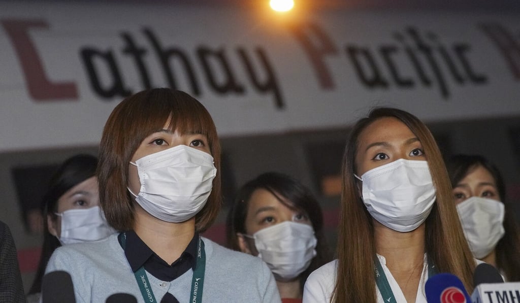 Zuki Wong (left), chairwoman of the Cathay Pacific Airways Flight Attendants Union, and Amber Suen, vice-chairwoman of the Flight Attendants Union meet with media. Photo: Winson Wong