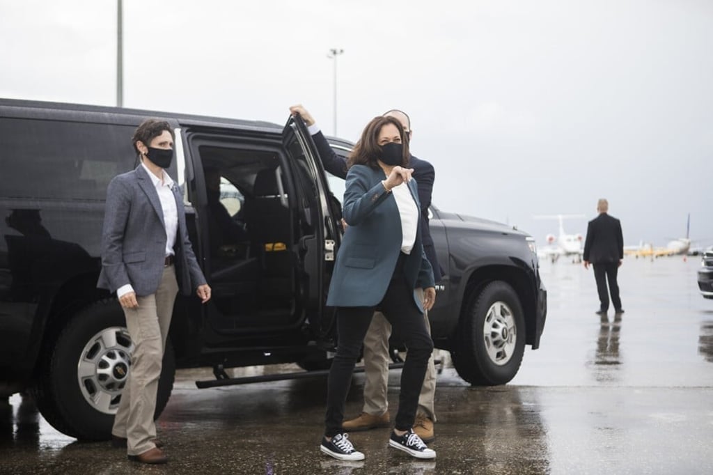 In September, Harris stepped off a campaign flight in Milwaukee wearing a pair of Converse sneakers. Photo: AFP In September, Harris stepped off a campaign flight in Milwaukee wearing a pair of Converse sneakers. Photo: AFP