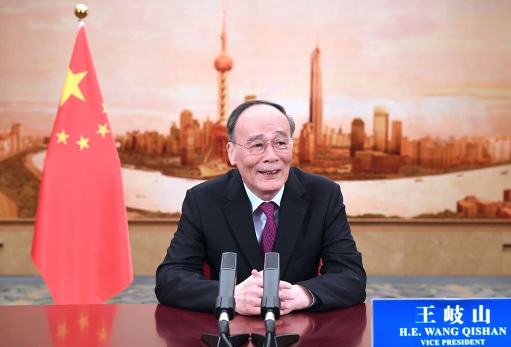 Vice-president Wang Qishan delivers a keynote remarks via video to the Bund Summit in Shanghai on October 24, 2020, emphasising the need for financial security. Photo: Xinhua