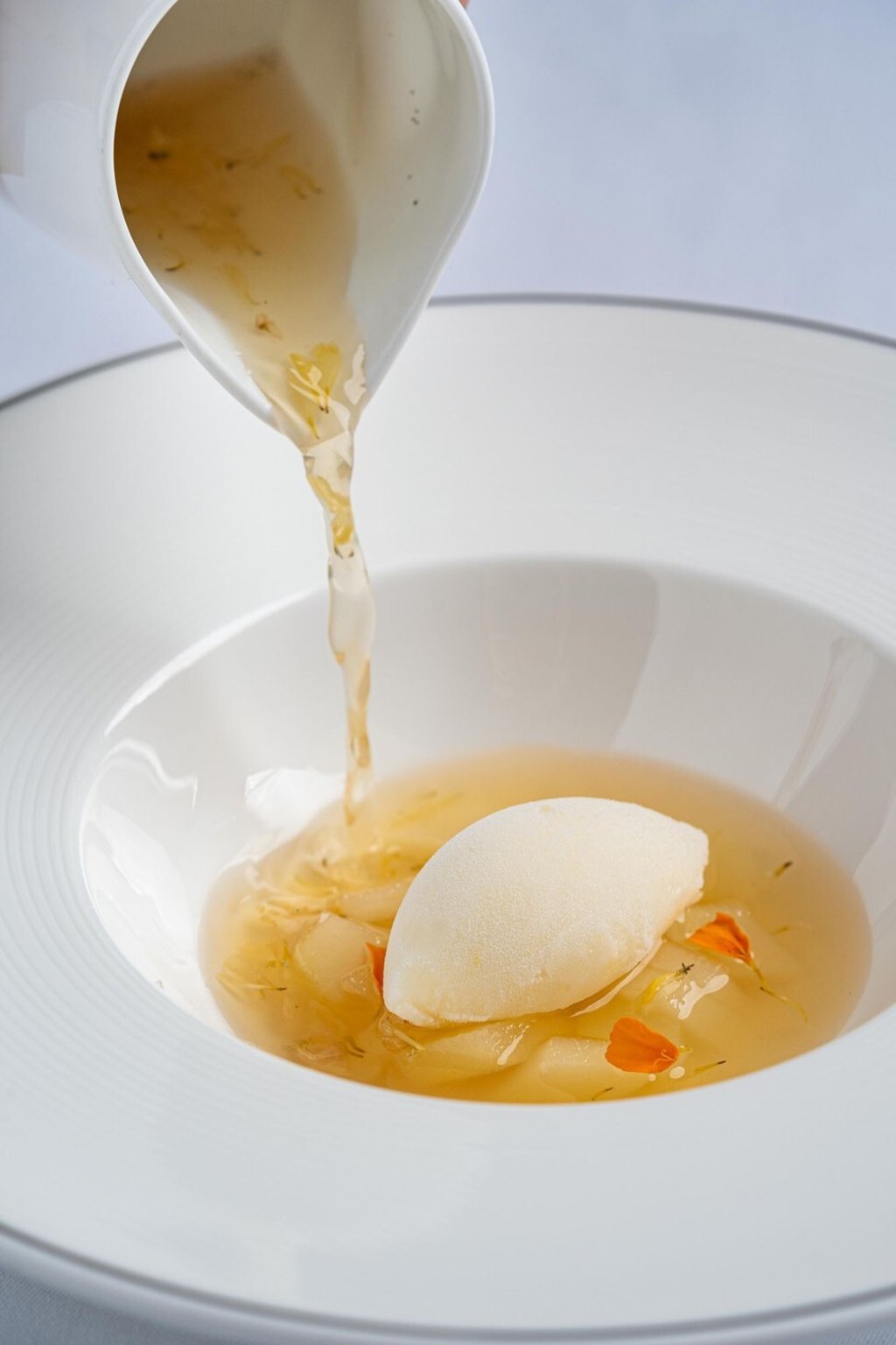 Cafe Gray Deluxe's chilled soup of chrysanthemum and pear. Photo: Courtesy of The Upper House Cafe Gray Deluxe's chilled soup of chrysanthemum and pear. Photo: Courtesy of The Upper House